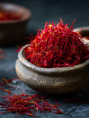 Fototapeta premium A close-up image of a rustic earthenware bowl filled with red saffron fibers
