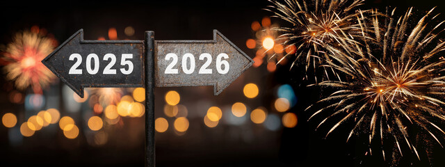 happy new year, new year's eve, new year, new years eve, celebration holiday greeting card - change from 2025 to 2026 on sign with firework in the background