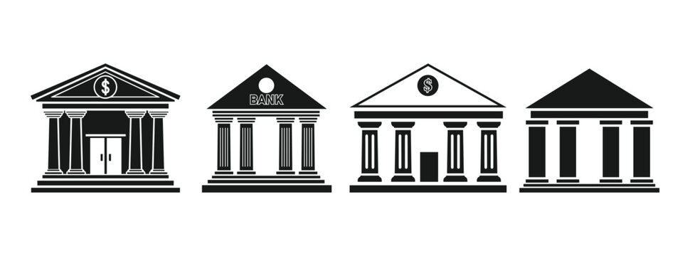 A collection of four black and white bank building icons featuring classical columns and symbols
