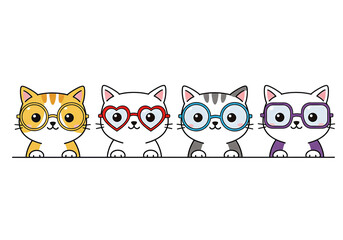 Fototapeta premium Four Cartoon Cats Wearing Glasses.