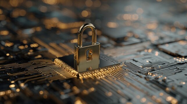 Golden padlock on computer chip - Powered by Adobe