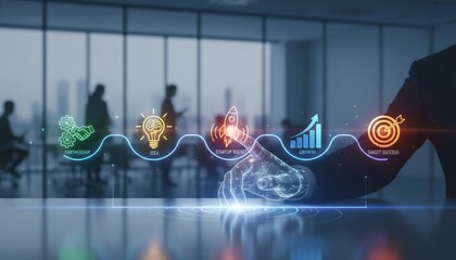 Business growth strategy visualized with icons and digital hand in office setting success partnership