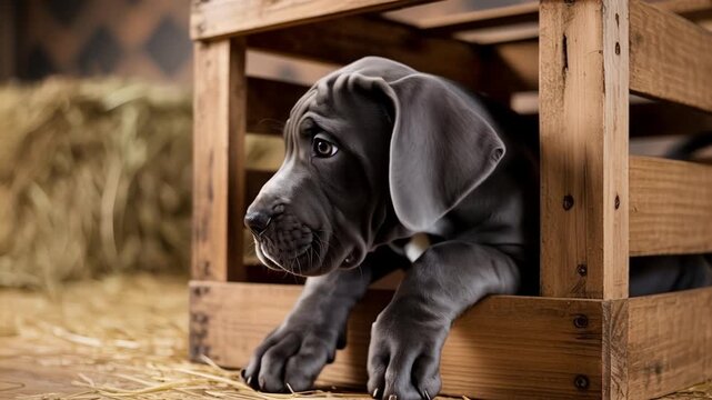 Majestic great dane puppy sitting calmly on wooden porch outdoors