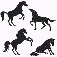 Four black horse silhouettes in various poses white background