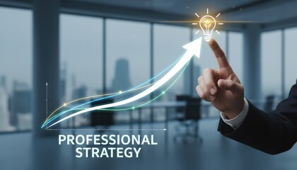 Hand Pointing to Lightbulb Above Upward Trend Line Representing Professional Strategy