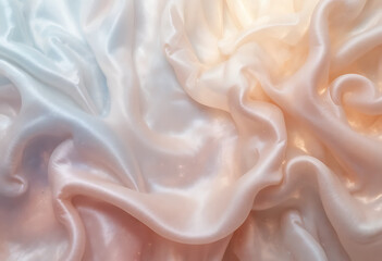 Soft peach and white satin fabric with flowing folds and creases smooth