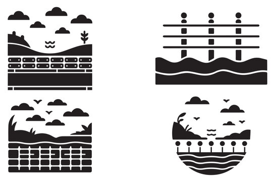 Flood Barrier Silhouette Vector Icon Set, Water Protection, Flood Control and Disaster Prevention Design
