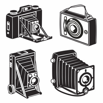 Four black silhouette vintage cameras on white background