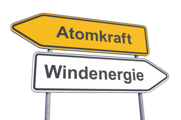 Wegweiser - Atomkraft - Windenergie - Freisteller - Freigestellt