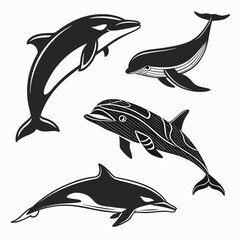 Four black whale and dolphin silhouettes with stylized details ©  MST RABEYA  BEGUM