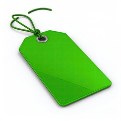 Glossy green price tag with string, isolated on a white surface