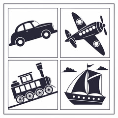 Four dark blue toy vehicle silhouettes in square frames ©  MST RABEYA  BEGUM