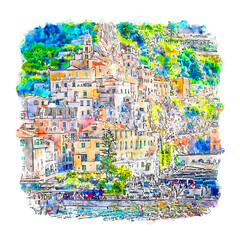 Naklejka premium Amalfi Italy Watercolor sketch hand drawn illustration. Watercolor Illustration of Mediterranean Coastal Town with Pastel Buildings, Church Tower, and Busy Waterfront Harbor