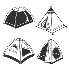 Four silhouette camping tents and teepee shelter outdoor ©  MST RABEYA  BEGUM