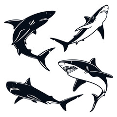 Four shark silhouettes in different poses and angles