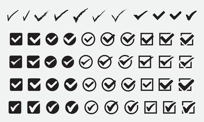 Set of Various Check Mark Icons in Different Styles and Shapes for UI Design on Transparent Background