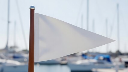 Blank white pennant flag flying on a wooden pole against a blurred background of boats in a marina.
