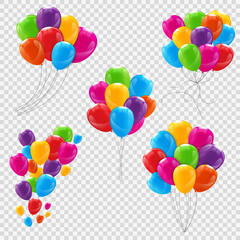 Set of Five Colorful Helium Balloon Clusters with Strings on Transparent Background for Party and Celebration Design