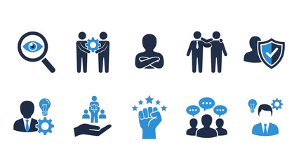 A collection of icons representing business and technology concepts in a sleek solid style