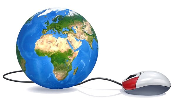 Earth globe connected to a computer mouse via a cable, isolated on white. Shadow adds depth to the illustrative scene