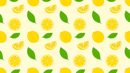 Seamless lemon pattern with fresh yellow lemons, lemon slices, and green leaves on a light background, expressing freshness, summer mood, and natural fruit themes for food, beverage