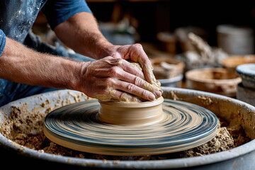 Potters hands shaping clay on a spinning wheel