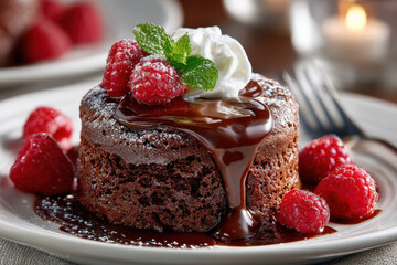 Chocolate Lava Cake with Raspberries and Whipped Cream