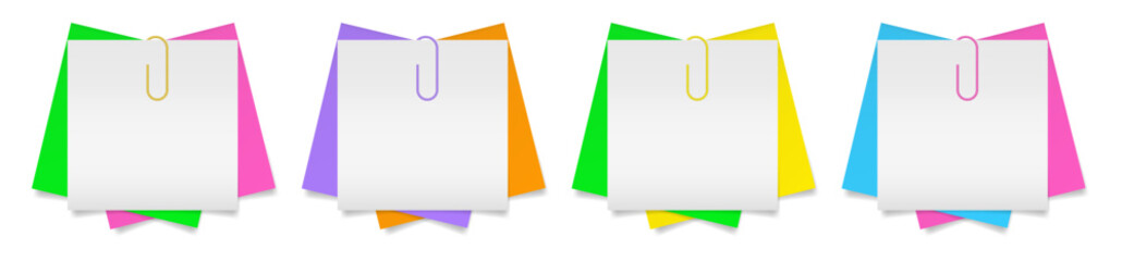 Stack of multicolored paper notes with paper clips. White, orange, yellow, pink, blue, purple and green sheets of paper.	