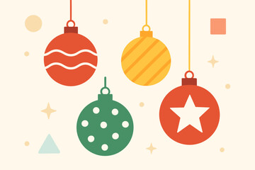 four Christmas balls hanging on strings. Small decorative elements are scattered around &mdash; stars, circles, squares, and triangles in pastel colors.