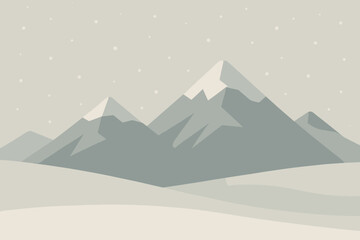 Snow-covered mountains in gray-blue tones with white snow caps on the peaks are depicted on a light beige background. Light snow is falling over the mountains. The style is flat and vector-based.