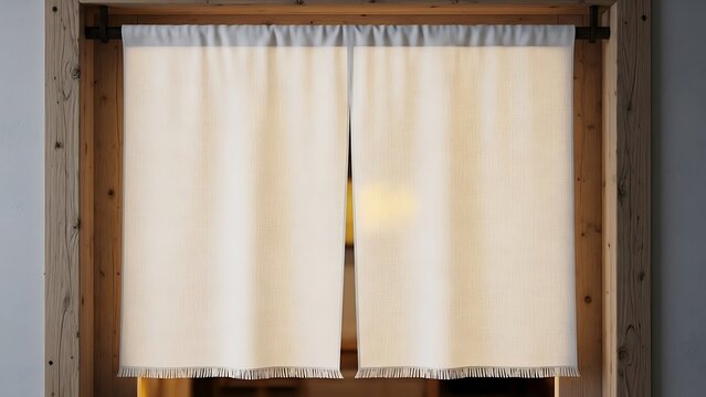 Traditional Japanese Noren Curtain Hanging in a Wooden Doorway.