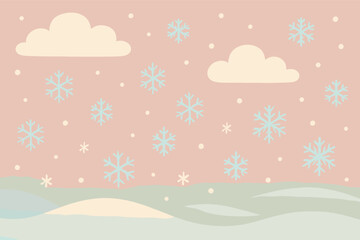 A delicate and charming winter illustration in pastel colors. A beige-pink sky background with light blue snowflakes and small stars falling from it. There are two cream-colored clouds.