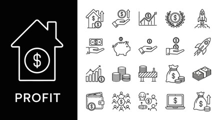 Collection of business and finance icons with house symbolizing profit and rocket symbolizing success