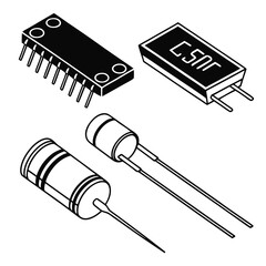 Set of 5 electronic components in silhouette electronic circuit