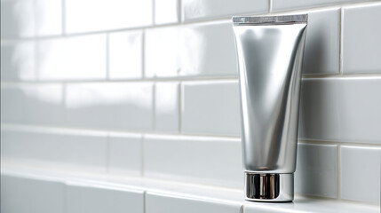 Sleek Silver Tube on White Tile Bathroom Counter