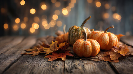 Small Pumpkins with Autumn Leaves on Rustic Wooden Table