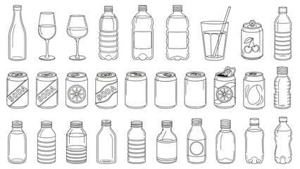 Sleek and versatile collection of outline vector icons showcasing a wide range of beverage bottles, cans, and glasses for modern packaging design and drink-themed graphic elements