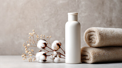 Soft Beige Soap Bottle with Towels and Cotton Stems on Marble Surface