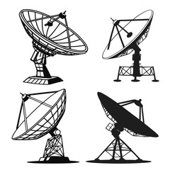 Set of 6 space satellite dish silhouettes radio telescope