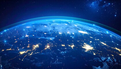 Obraz premium Earth at night, city lights twinkling, connecting lines illustrating networks, space and stars in the background