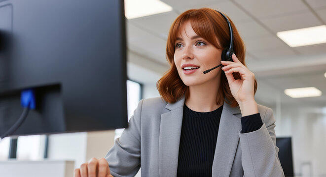 Call center support agent with headset handling inbound inquiries, helpdesk assistance for order issues and account questions with copy space for service messaging and contact information