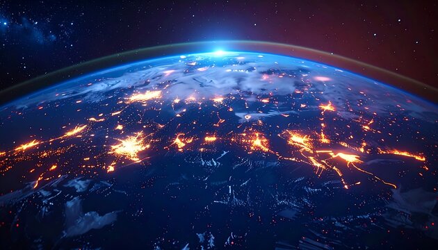 Earth at night, lit by urban lights, blue atmosphere, bright sun rimming over the horizon, space, stars