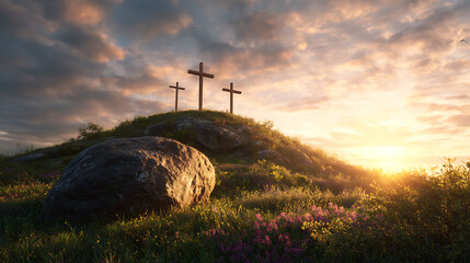 Three Crosses on Rocky Hill at Sunset