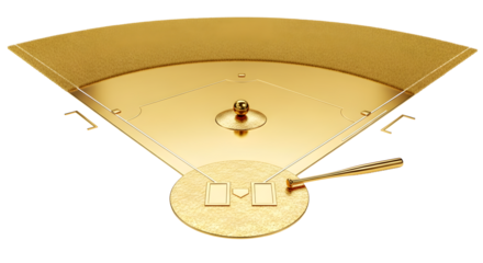 Golden baseball field layout diagram, miniature infield shape with bases and pitchers mound, isolated on transparent background