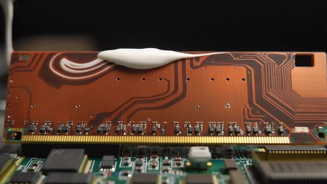 Applying thermal paste to a computer RAM module for improved heat dissipation and performance.