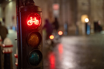 Wet night street with bicycle traffic light