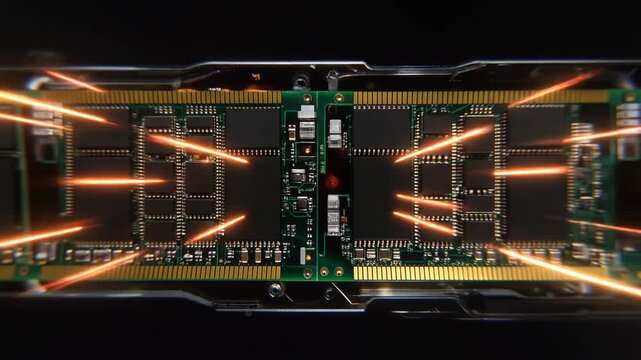 Closeup view of RAM memory modules with glowing data transfer lines representing fast computing and digital information flow.