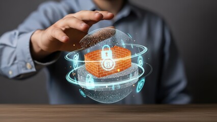 A digitally enhanced, glowing blue holographic sphere containing a realistic brick wall with prominent padlock and human silhouette icons, encircled by orbiting digital security rings and illuminated
