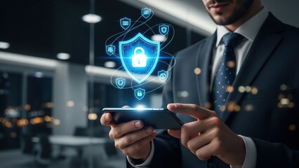 A sharply focused, professionally dressed businessman in a dark suit and crisp white shirt attentively interacts with a modern smartphone, while a vibrant, digitally rendered network of glowing blue