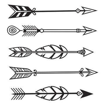 Set of five black decorative tribal arrows boho design element